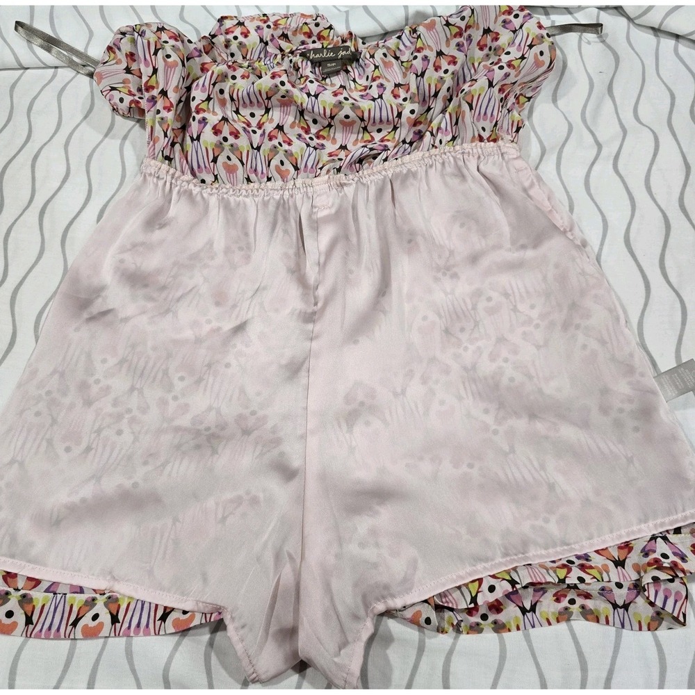 CHARLIE JADE Womens Size Small Strapless 100% Silk Colorful Romper Jumper Shorts - Picture 11 of 11